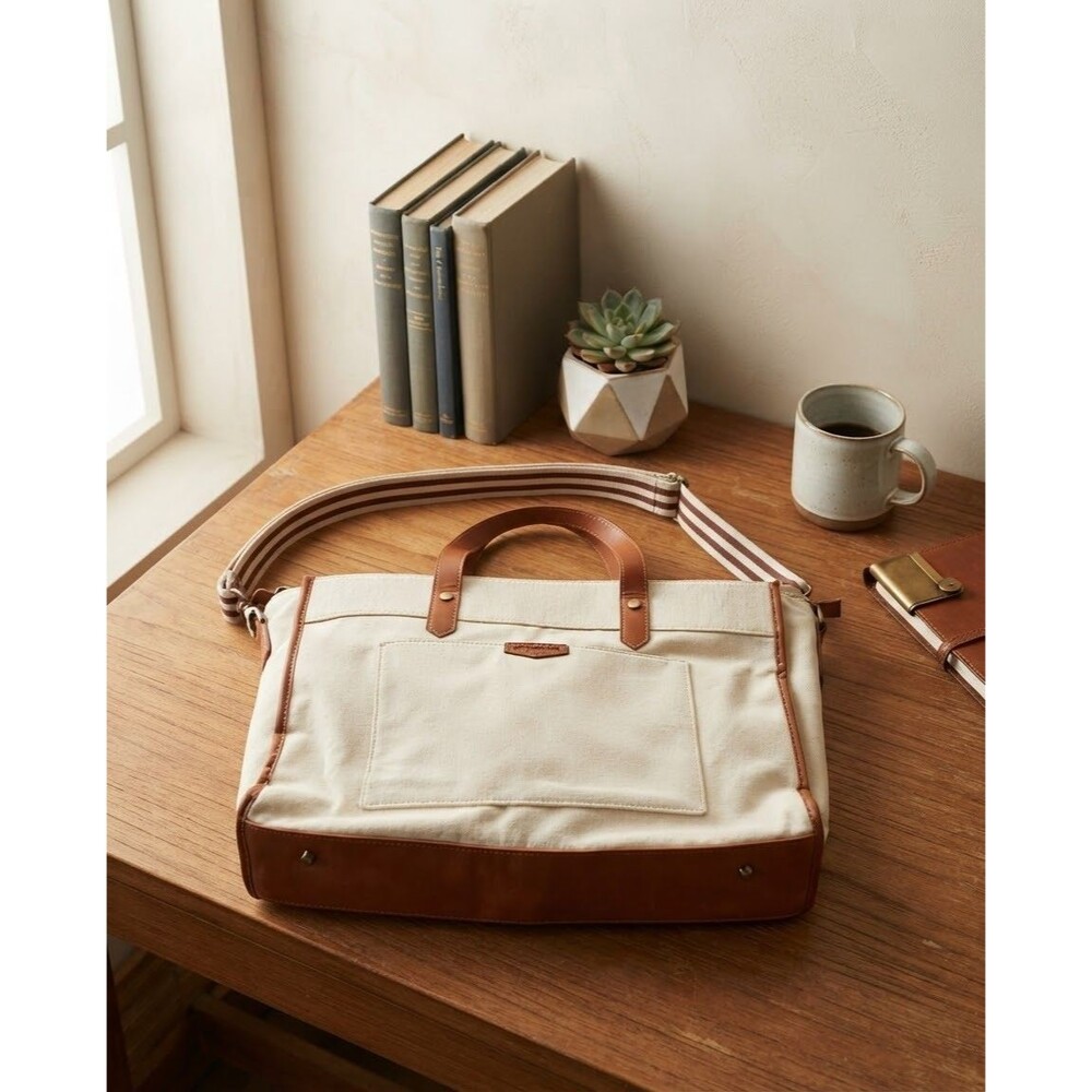 Missnine Canvas Laptop Tote Bag 15.6 Inch Beige Tan Office Crossbody Work Bag